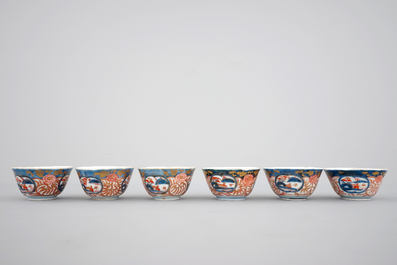 Six Japanese Imari porcelain cups and saucers, 18th C.