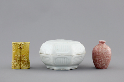 A Qingbai box and cover and two miniature vases, 18th C.