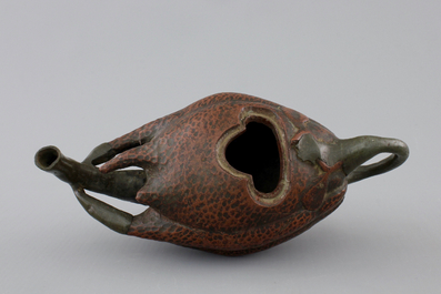 A Chinese Yixing pewter-mounted buddha's hand shaped teapot, 18/19th C.