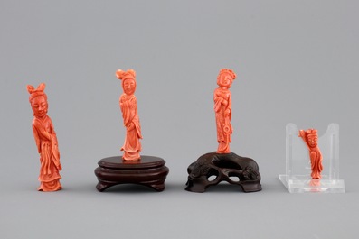 Four Chinese carved red coral figures, 19/20th C.