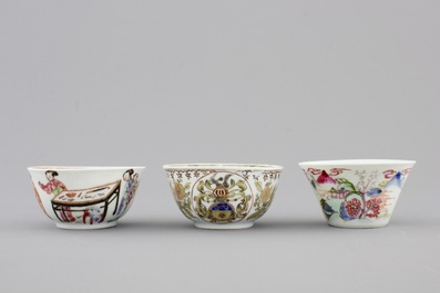A nice set of three Chinese porcelain cups and two saucers, Yongzheng-Qianlong, 18th C.