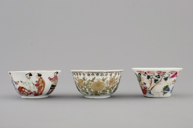 A nice set of three Chinese porcelain cups and two saucers, Yongzheng-Qianlong, 18th C.