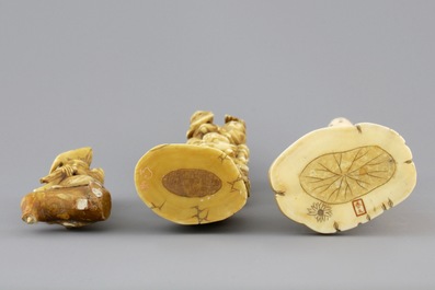 A group of various Chinese and Japanese carvings in soapstone, ivory and jadeite, 19th C.