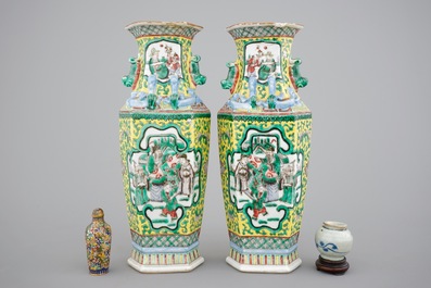 A pair of 19th C. Chinese famille jaune hexagonal vases, a cloisonne snuff bottle and a Ming Dynasty jarlet