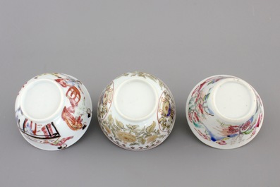 A nice set of three Chinese porcelain cups and two saucers, Yongzheng-Qianlong, 18th C.