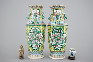 A pair of 19th C. Chinese famille jaune hexagonal vases, a cloisonne snuff bottle and a Ming Dynasty jarlet