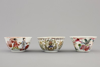 A nice set of three Chinese porcelain cups and two saucers, Yongzheng-Qianlong, 18th C.