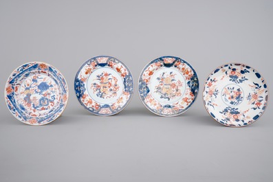 Four Chinese imari plates, two miniature vases and a bourdalou, 18th C.