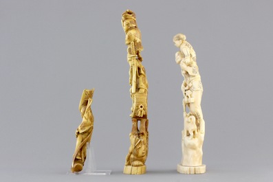 A group of various Chinese and Japanese carvings in soapstone, ivory and jadeite, 19th C.