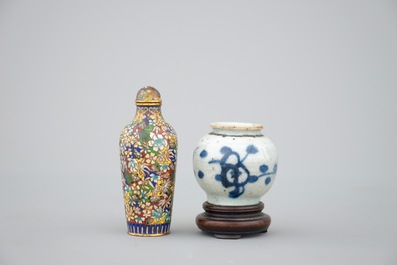 A pair of 19th C. Chinese famille jaune hexagonal vases, a cloisonne snuff bottle and a Ming Dynasty jarlet