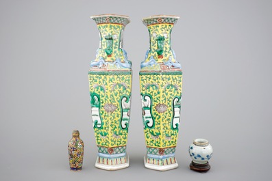 A pair of 19th C. Chinese famille jaune hexagonal vases, a cloisonne snuff bottle and a Ming Dynasty jarlet