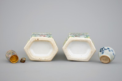 A pair of 19th C. Chinese famille jaune hexagonal vases, a cloisonne snuff bottle and a Ming Dynasty jarlet