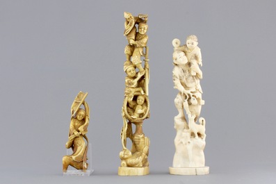 A group of various Chinese and Japanese carvings in soapstone, ivory and jadeite, 19th C.