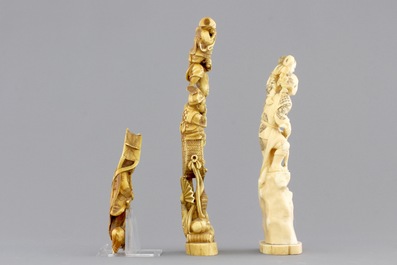 A group of various Chinese and Japanese carvings in soapstone, ivory and jadeite, 19th C.