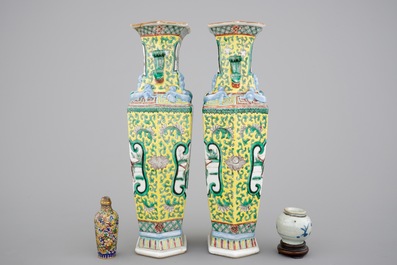 A pair of 19th C. Chinese famille jaune hexagonal vases, a cloisonne snuff bottle and a Ming Dynasty jarlet