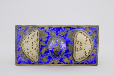 An enameled bronze and inset jade writing set, 19th C.