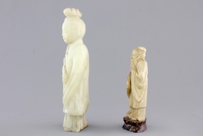 A group of various Chinese and Japanese carvings in soapstone, ivory and jadeite, 19th C.