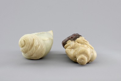 A group of various Chinese and Japanese carvings in soapstone, ivory and jadeite, 19th C.