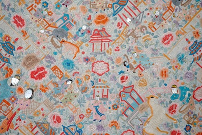 A fine large square Chinese table embroidery with mother of pearl heads, 19th C.