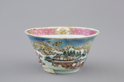 A Chinese famille rose and gilt cup and saucer with a harbour scene, Yongzheng, 1722-1735