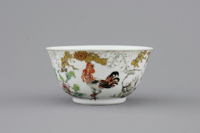 A Chinese famille rose, grisaille and gilt porcelain cup and saucer with a cockerel, 18th C
