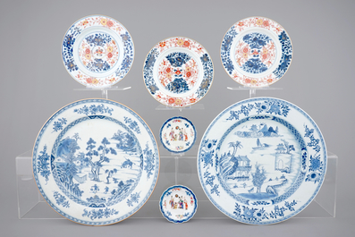 Two large blue and white dishes, 3 imari plates, two mandarin saucers, all 18th C. and two ducks, 19/20th C.