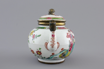 A Chinese silver-mounted famille rose porcelain teapot, Yongzheng-Qianlong, 18th C.