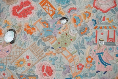 A fine large square Chinese table embroidery with mother of pearl heads, 19th C.