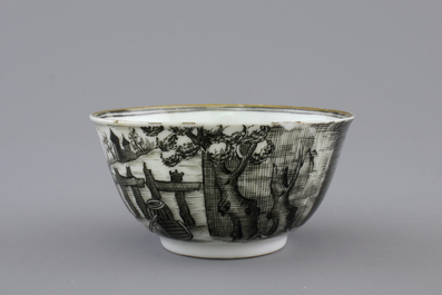 A Chinese grisaille porcelain European subject cup and saucer, Qianlong, 18th C.