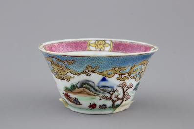 A Chinese famille rose and gilt cup and saucer with a harbour scene, Yongzheng, 1722-1735