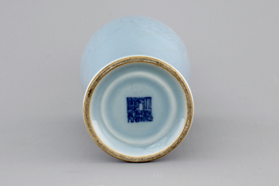 A Chinese porcelain monochrome underglaze decorated vase, 19/20th C.