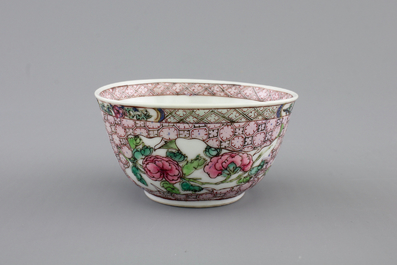 A Chinese famille rose porcelain cup and saucer with narcissus, chrysanthemum and peony, Yongzheng, 1722-1735
