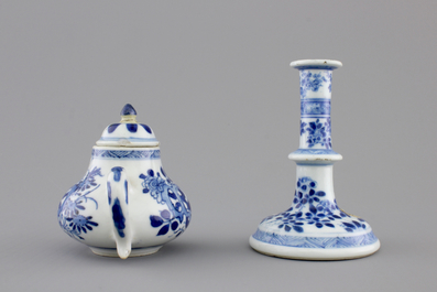 A Chinese blue and white porcelain candlestick and a miniature teapot, 18th C.