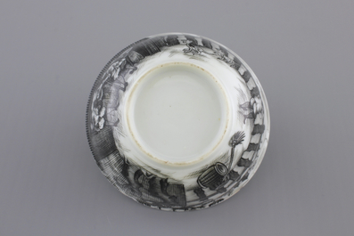 A Chinese grisaille porcelain European subject cup and saucer, Qianlong, 18th C.