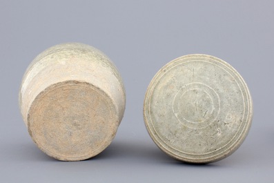 A Chinese Qingbai bowl with fish and a green box and cover, Song, 10-13th C.