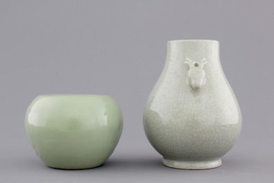 An underglaze decorated Chinese celadon brushwasher and a crackle glazed hu-shaped vase, 19/20th C.