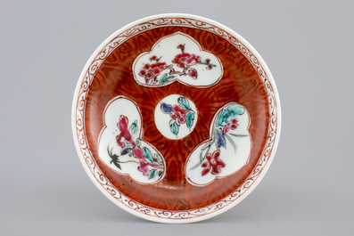 Two Chinese cups and saucers together with a faux-bois saucer, Yongzheng, 1722-1735