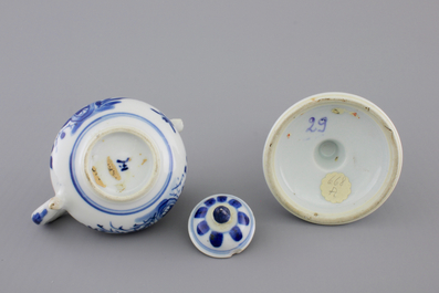 A Chinese blue and white porcelain candlestick and a miniature teapot, 18th C.