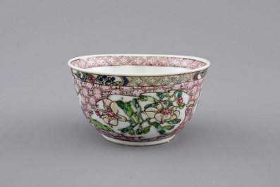 A Chinese famille rose porcelain cup and saucer with narcissus, chrysanthemum and peony, Yongzheng, 1722-1735
