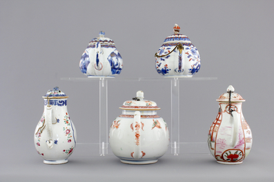 Three Chinese famille verte and Imari porcelain teapots and two export porcelain cream jugs, 18th C.