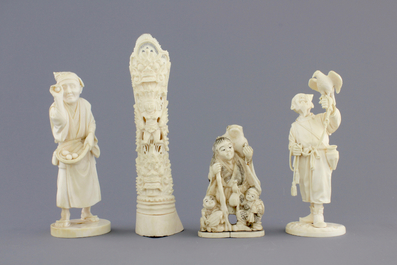 A group of various Asian ivory carvings incl. a falconer, 19th C.