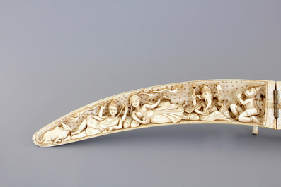 A highly unusual Indian carved open-folding ivory tusk, 19th C.