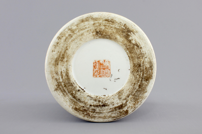 A signed Chinese Qianjiang porcelain brush pot with a landscape all over, early 20th C.
