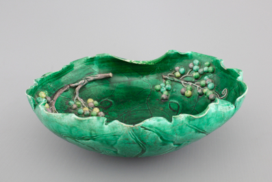 A Chinese porcelain leaf-shaped bowl and an inkstone in case, inscribed, 19th C.