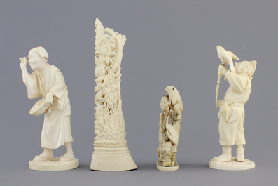A group of various Asian ivory carvings incl. a falconer, 19th C.