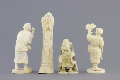 A group of various Asian ivory carvings incl. a falconer, 19th C.