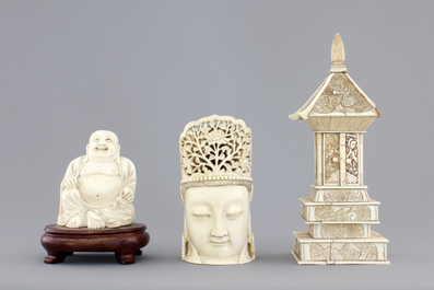 Two Chinese carved ivory figures, a hairpin and a brooch and a Japanese ivory pagoda, 19th C.