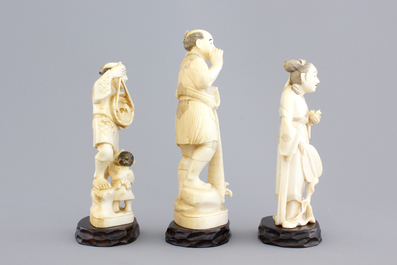 Three Japanese ivory carved okimono, Meiji, 19th C.