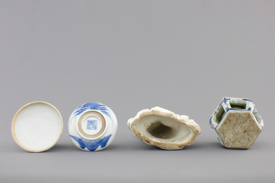 A Chinese porcelain seal wax box and cover, a Dehua blanc de Chine guanyin and a blue and white salt, 18/19th C.