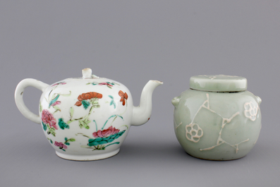 A Chinese sancai-glazed pottery figure, a famille rose teapot and a small ginger jar, 19th C.